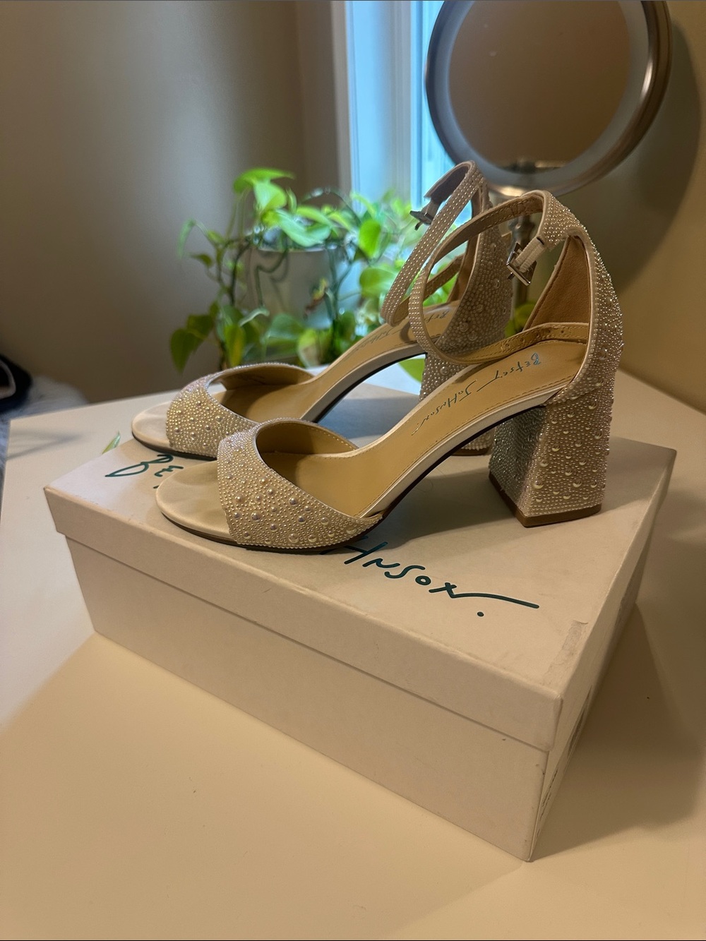 Betsey Johnson White Sparkle Embellished Block Heel Sandals with Ankle Strap